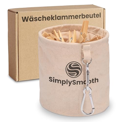 SimplySmooth Wäscheklammerbeutel für bis zu 100 Wäscheklammern - Klammerbeutel aus 100% Baumwolle mit extra großen Karabinern zum Aufhängen - Wäscheklammerkorb mit Verschluss SimplySmooth Wäscheklammerbeutel für bis zu 100 Wäscheklammern - Klammerbeutel aus 100% Baumwolle mit extra großen Karabinern zum Aufhängen - Wäscheklammerkorb mit Verschluss von SimplySmooth