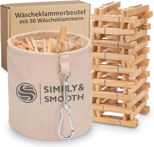 Wäscheklammerbeutel inklusive 50 Wäscheklammern aus Holz – Klammerbeutel aus 100% Baumwolle mit extra großen Karabinern zum Aufhängen - Wäscheklammerkorb mit Verschluss von SimplySmooth