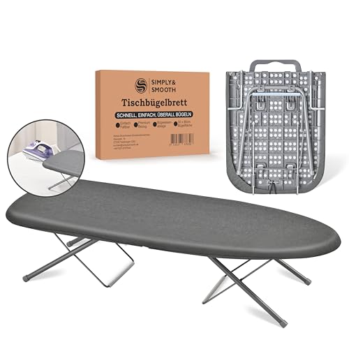 SimplySmooth klappbares Tischbügelbrett inklusive Bügeleisenablage - Mini Bügeltisch in 77x30cm - Bügelbrett für den Tisch mit Tragegriff, Gummifüßen und hochwertigem Bezug von SimplySmooth