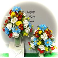 Friedhof Zapfen Vase Blumen Kopfstein Dekoration Grabstein Memorial Frühling Sommer Rot Blau Gelb von SimplySouthernDesn