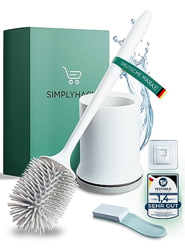 SIMPLYHACK – Toilettenbürste silikon – hygienisch & schnell getrocknet – Klobürste weiß – Schmutz & wasserabweisend – WC Bürste mit Halter – Wandmontage ohne Bohren – inklusive Toilettensitzheber von Simplyhack