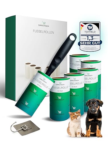 SIMPLYHACK - Fusselrolle - Aufhängehaken und 6 Rollen 360 Blatt - hohe Klebekraft - Fusselrolle Tierhaare - benutzte Blätter Lassen Sich leicht entfernen von Simplyhack