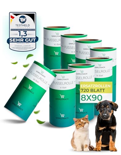 SIMPLYHACK - Fusselrolle - [8er] Set - 720 Blatt - Ersatzrollen für gängige Fusselrollen - hohe Klebekraft - Fusselrolle Tierhaare - benutzte Blätter Lassen Sich leicht entfernen von Simplyhack