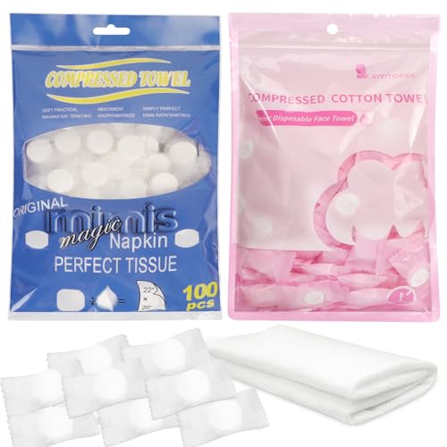 Simpolor 100/200 Stück komprimierte Handtücher tragbare Einweg Mini komprimierte Toilettenpapier Tabletten Haushaltshandtücher für Reisen Camping Wandern Sport Schönheitssalon, Blau+Rosa von Simpolor