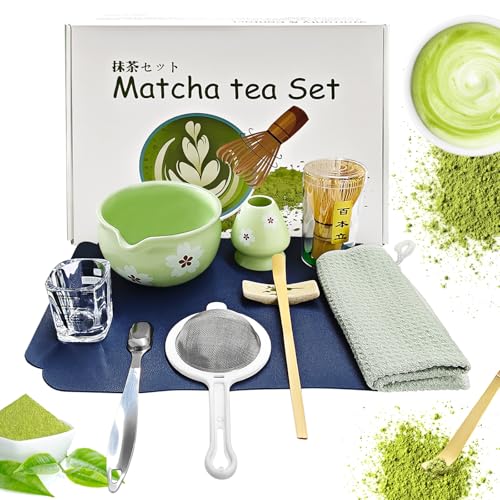 Simsky Zehnteiliges Set Matcha set, Japanisches Tee-Set, Matcha-Schale, Schaufel, Sieb, Matcha-Besenhalter, Matcha-Besenständer, Matcha-Tee-Set (Grün) von Simsky