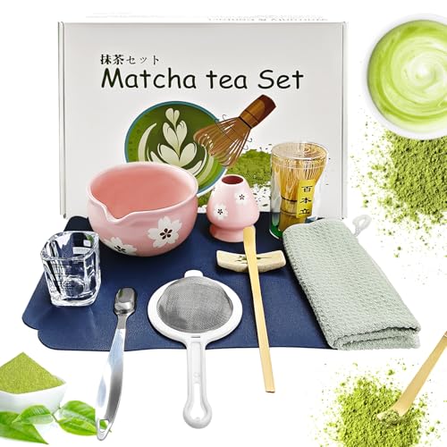 Simsky Zehnteiliges Set Matcha set, Japanisches Tee-Set, Matcha-Schale, Schaufel, Sieb, Matcha-Besenhalter, Matcha-Besenständer, Matcha-Tee-Set (Rosa) von Simsky