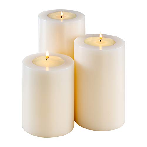 Sin! 3er Set Teelichthalter Trend warmweiß - ∅ 10 cm - Höhen 12/15/18 cm, Dauerkerze mit Teelicht in Kerzenform - Teelichtkerze in Kerzenoptik - Kunststoffkerze mit Teelichteinsatz. von Sin!