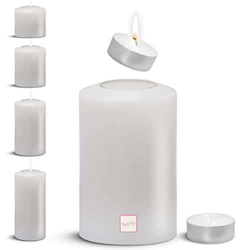 Sin! Teelichthalter Classic warmweiß - ∅ 10cm, Höhe 35cm. Die Kerze die Nicht schmilzt! - Dauerkerze in Kerzenform Kerzenoptik aus Kunststoff mit Teelichteinsatz, inkl. Teelicht 8 Std. Brenndauer von Sin!