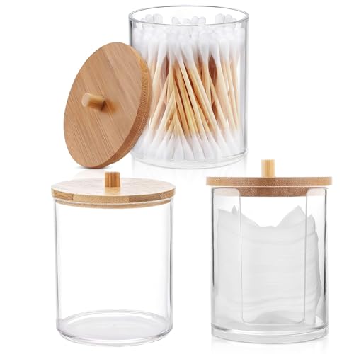SinChic Wattestäbchen Behälter,3 PCS Wattepadspender Transparente Stapelbar Wattestäbchen Halter mit Bambusdeckel Acryl Wattestäbchen Aufbewahrungsbox für Wohnzimmer Schlafzimmer Badezimmer von SinChic