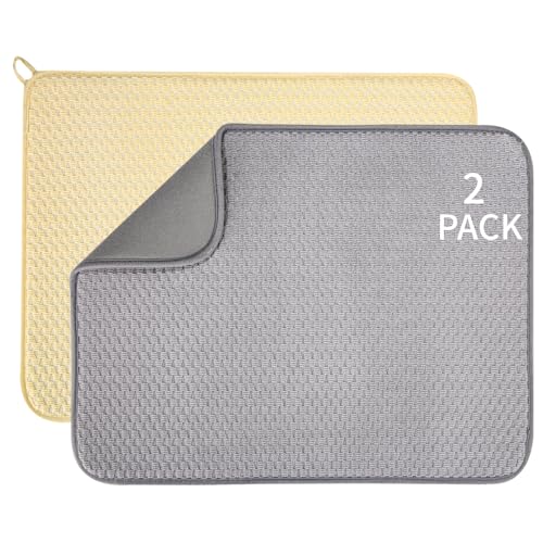 2 Stück Saugfähige Geschirrabtropfmatte, Rutschfeste Wärmedämmung, Abtropfmatte Geschirr 38*50cm,Leicht zu reinigen,Saugfähige Abtropfmatte ,Mikrofaser Abtropfmatte zum Trocknen von Teller(Grau&Gelb) von SinLaw