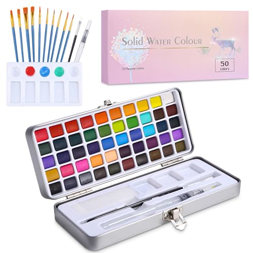 SinLaw Aquarellfarben Set,Tragbare Box mit 50 Farben,Aquarellfarben Wasserfarben Set mit 11 Pinsel,1 Palette und weitere Malwerkzeuge und ist damit,Perfektes Reise-Wasserfarben für Künstler,Hobbymaler von SinLaw