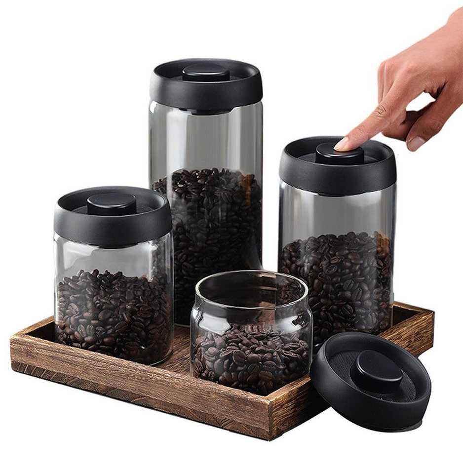 SinLaw Kaffeedose Kaffeebohnen-Aufbewahrungsglas, vakuumversiegeltes Glas, schwarz, (4-tlg), Vier-in-Eins-Set von SinLaw