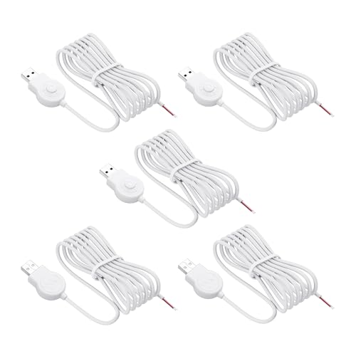 SinLoon USB-Dimmerkabel weiß, stufenlos dimmbar, 5V2A Netzkabel mit Ein/Aus-Schalter, USB-Stecker auf abisolierte Litzen, Ein-Tasten-Steuerung (1,5M/5Stk.) von SinLoon