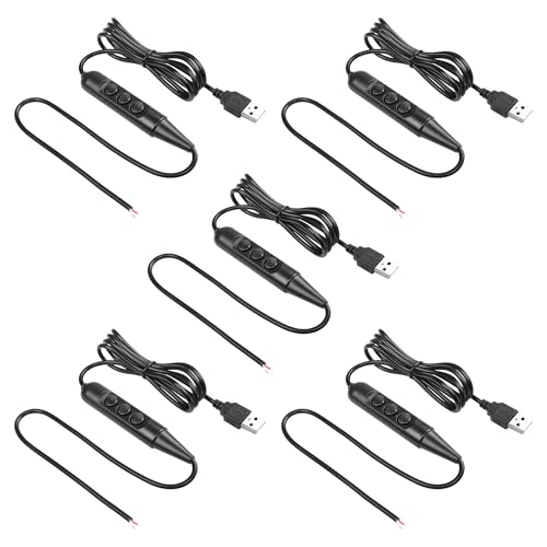 SinLoon USB-Stecker mit Ein/Aus-Schalter an abisolierten Enden, USB 2.0 6-Gang-Dimmschalter-Stromkabel, für LED-Streifen, kleine Tischlampen und andere 5-V-Geräte, 5 Stück, 1,5 m (Black) von SinLoon