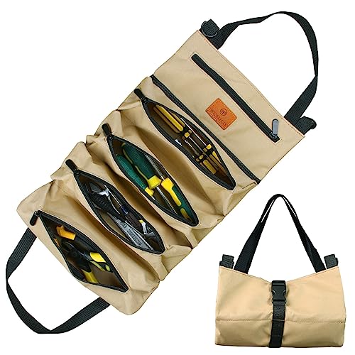 Werkzeug Rolltasche, Canvas Schraubenschlüssel Werkzeugtasche, Mehrzweck Rolltasche mit 5 Reißverschlusstaschen, Ideal für Klempner Handwerker und Elektriker (Khaki) von Sinand