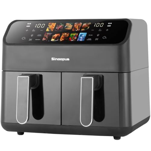 2000W Profi Luftfritteuse XXL mit 2 unabhängigen Körben, 9L Fassungsvermögen, 10 Automatikprogrammen, Digitalem Touchscreen, Spülmaschinengeeignet, Energiesparender Airfryer für die ganze Familie von Sinaopus