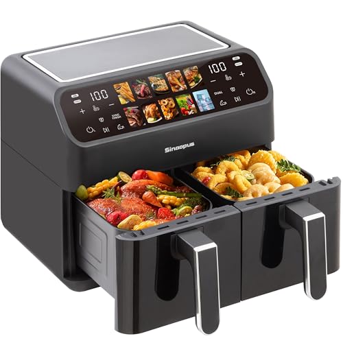 Heißluftfritteuse 9L XXL Profi • 2000W Dual-Zonen Technologie • 10-in-1 Automatikprogramme • 2x Inklusive Drehspieße • LED-Display • Für 5-6 Personen • Partyfunktion von Sinaopus
