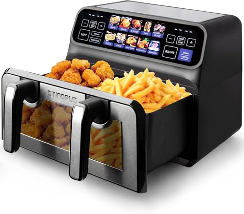 Heißluftfritteuse Doppelkammer 9L • 2x unabhängige Zonen • 1700W DualTech System • Touch-Display & Sichtfenster • 12 Automatikprogramme • Synchron- oder Unabhängig-Kochen • Edelstahl Design von Sinaopus