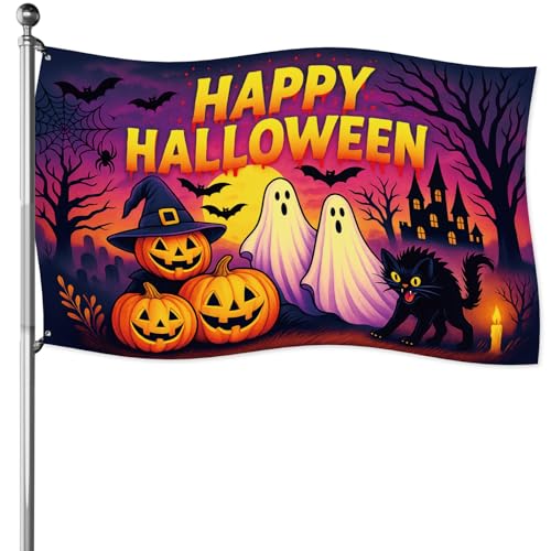 Halloween Flagge, 150x90cm Halloween Fahne Dekoration mit Kürbisgeist und Schwarzer Katze für Drinnen und Draußen Haus Hof Garten Party Dekoration Halloween Flagge, 150x90cm Halloween Fahne Dekoration mit Kürbisgeist und Schwarzer Katze für Drinnen und Draußen Haus Hof Garten Party Dekoration von Sinbana