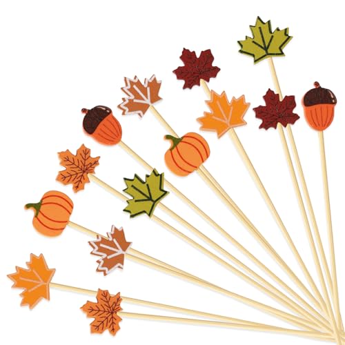 Sinbana 100stk Herbst-Cocktailspieße, 7 Stile Langlebige Eicheln Kürbisse Ahornblätter mit Herbstmotiven Cocktailspieße Praktisches Thanksgiving-Partyzubehör für Lebensmittel Getränke Dekoration von Sinbana