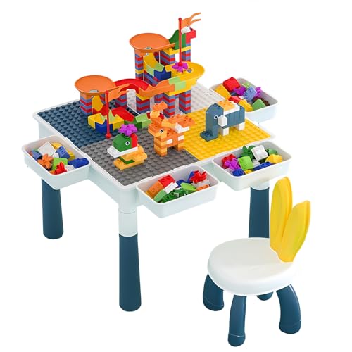Sinbide 7-in-1 Kindertisch, Kindertisch & Stuhl Set Bausteintisch, Multifunktionaler Aktivitätstisch, Lernspielzeug für die kindliche Entwicklung, Doppelseitige Tischplatte (Mit 300 Spielbausteinen) von Sinbide