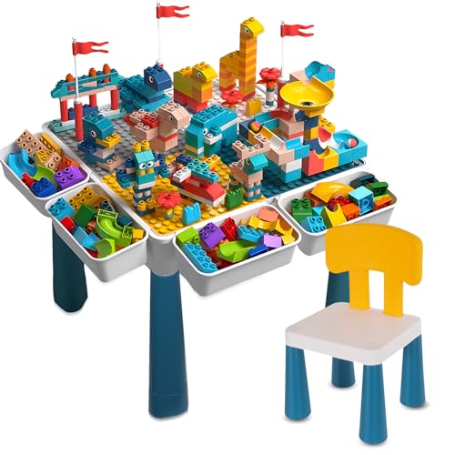 Sinbide 7-in-1 Kindertisch, Kindertisch & Stuhl Set Bausteintisch, Multifunktionaler Aktivitätstisch, Lernspielzeug für die kindliche Entwicklung, Doppelseitige Tischplatte (Mit 548 Spielbausteinen) von Sinbide