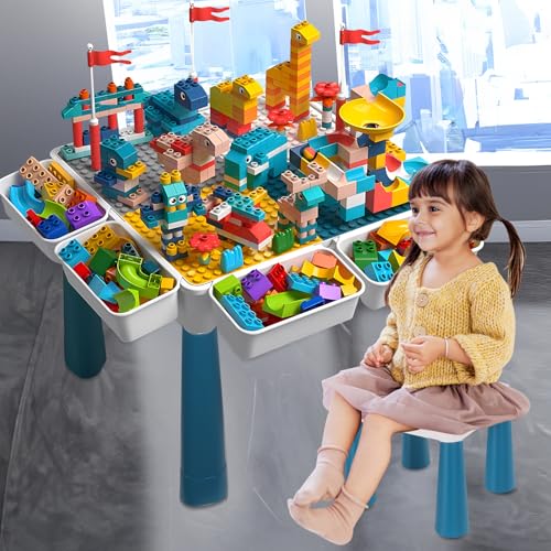 Sinbide 7-in-1 Kindertisch, Kindertisch & Stuhl Set Bausteintisch, Multifunktionaler Aktivitätstisch, Lernspielzeug für die kindliche Entwicklung, Doppelseitige Tischplatte Mit 300 Spielbausteinen von Sinbide