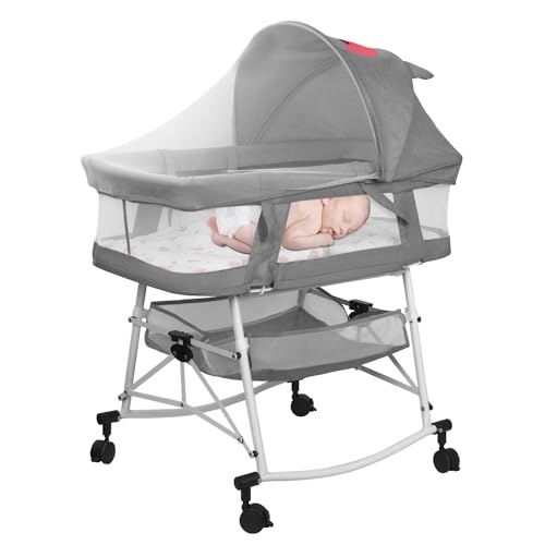 Sinbide Babybett 3 in 1 Multifunktionaler Kinderwagen Babybett Wiege mit Matratze Moskitonetz Aufbewahrungstasche Räder Baby ab Geburt bis 25 kg Faltbares Babybett, Grau von Sinbide