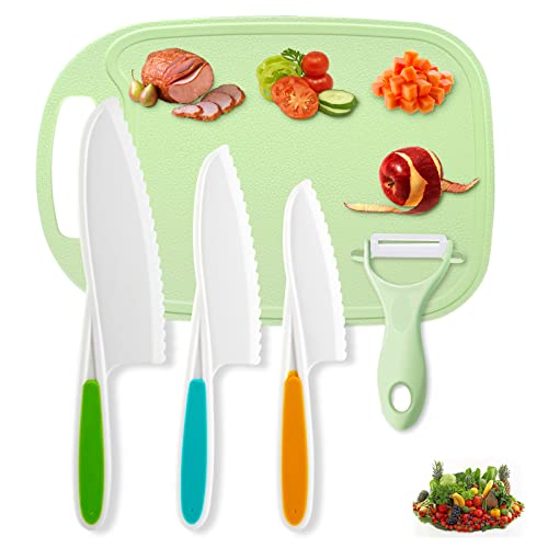 Kinder Messer Schneiden Lernen,Kindermesser Für Kinder Çocuk Bıçak Seti Kochen Nylon Kunststoff Küchen Sicher Echte Kochmesser Anfänger Schneidebrett Freundlich Stabiler Schäler 5Pack von Sincere-ljh