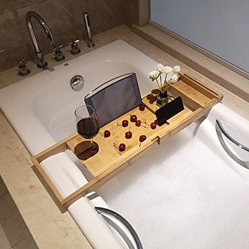 Badewannenablage aus Bambus Tablett Badewanne Laptop Schreibtisch Regal Aufbewahrung im Badezimmer 75-109cm Dehnungsbreite Regal von Sindipanda