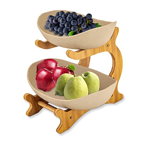 Sindipanda Obstkorb aus Bambus und Keramik 2 Etagere Keramik Obstschale Gemüsekorb Küche Früchtekorb Körbe für Tisch, Hochzeit, Geburtstagsparty (khaki) von Sindipanda