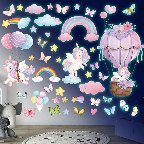 Einhorn Regenbogen Wandtattoo Leuchtsterne Einhorn Leuchtender Wandaufkleber Schmetterlinge Leuchtsticker Wandsticker für Mädchen Schlafzimmer Babyzimmer Kinderzimmer Wanddeko Grün von Sinekong