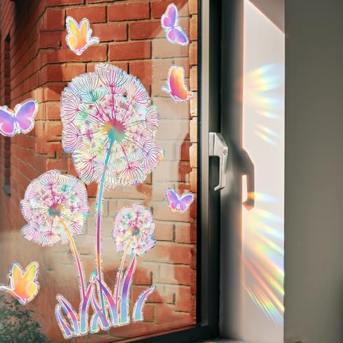 Löwenzahn Fensterbilder Prisma Fensteraufkleber Suncatcher Sticker Vogelschutz Prism Fenster Abziehbilder Vögel Anti Kollisions Schmetterling Aufkleber Sonnenfänger für Fensterfolie Glasscheiben von Sinekong