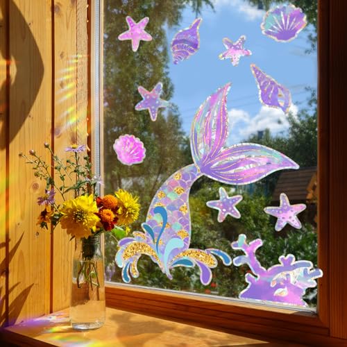 Meerjungfrau Fensterbilder Prisma Fensteraufkleber Suncatcher Sticker Vogelschutz Unterwasserwelt Prism Fenster Abziehbilder Vögel Anti Kollisions Aufkleber Sonnenfänger für Fensterfolie Glasscheiben von Sinekong