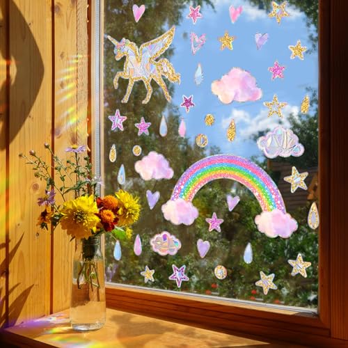 Sinekong Einhorn Prism Fenstersticker Suncatcher Fensteraufkleber Regenbogen Fensterbilder Selbstklebend Wiederverwendbar Statische Haften Reflektierende Vogel Anti Kollision Aufkleber Fensterdeko von Sinekong