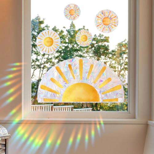 Sonne Fensterbilder Prisma Fensteraufkleber Window Suncatcher Sticker Vogelschutz Prism Fenster Abziehbilder Vögel Anti Kollisions Aufkleber Sonnenfänger für Schiebetüren Fensterfolie Glasscheiben von Sinekong