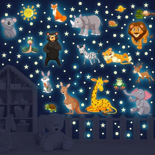 Wandtattoo Dschungel Tiere Wandsticker Leuchtaufkleber Leuchtend Wandaufkleber Leuchtsterne Selbstklebend Tiere Wandtattoo Kinderzimmer Jungen Mädchen Sternenhimmel Aufkleber Schlafzimmer Deko Grün von Sinekong