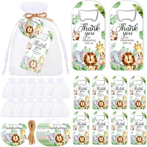 Singhoow Flaschenöffner für Babypartys, Gastgeschenke für Gäste, magnetischer Flaschenöffner mit Dankeschön-Etiketten, Kordelzugbeutel für Babyparty, Taufe, Souvenir (Dschungeltier), 50 Stück von Singhoow
