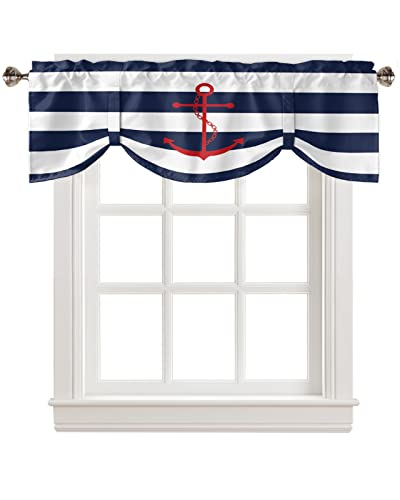 Anker Tie Up Volants für Fenster, nautisches Thema, roter Anker, marineblau, weiß, gestreift, Stangentasche, kurzer Fenstervolant, Vorhang, Urlaub, Heimdekoration, Fensterbehandlung für Küche, von Singingin