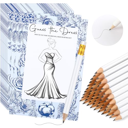 Sinload 60 Sets "Guess the Dress" Brautparty-Spiele für Gäste, enthalten 60 Stück Hochzeits-Party-Spielkarten und 60 Bleistifte "Something Blue Before I Do", Hochzeits-Partyzubehör (kurzer Bleistift von Sinload