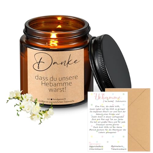 Sinmoe 3 Stück Dankeschön Geschenk Set für Hebamme Duftkerze im Glas Sojawachs Duftkerze mit Spruch Hebamme Dankeskarte und Umschlag Geburtshelferin Geschenk für Geburt Unterstützung Frauen von Sinmoe