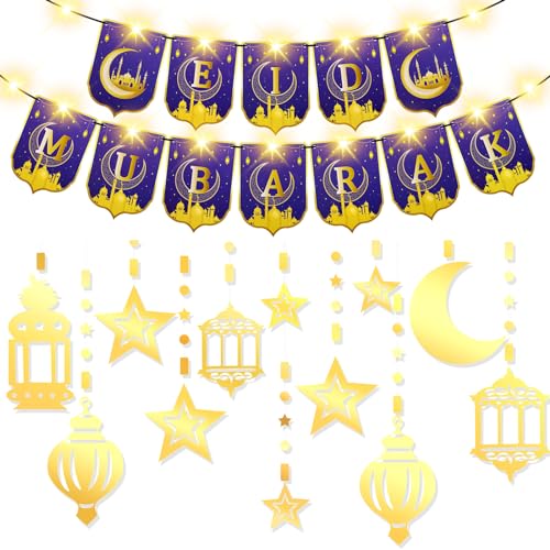Sinmoe 4 Stück Eid Mubarak Dekorationen Set DIY Eid Mubarak Banner Mond Stern Ramadan Girlande mit LED Fee Lichterketten Ramadan Kareem Deko Muslimische Festival Party Dekoration von Sinmoe