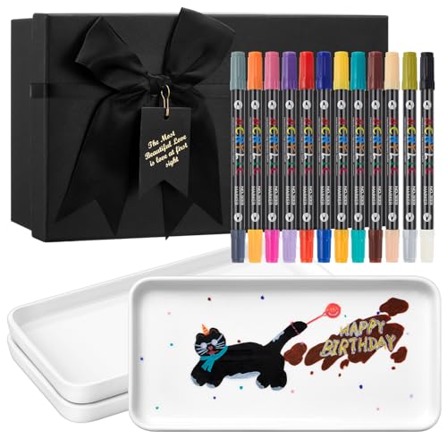 Sinmoe DIY Keramik Bemalen Set 3 Keramikplatte Weiß Servierplatte Salatteller 12 Porzellanstifte Spülmaschinenfest Keramikstifte Geschenkbox Weihnachten Paar Mädelsabend Familie (Rechteckig, 10 Zoll) von Sinmoe