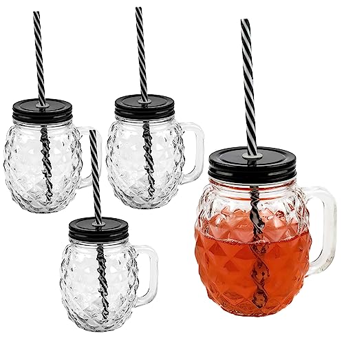 3D Ananas Glas Trinkglas mit Deckel und stabilem Strohhalm 450ml 4er-Set von Sinoba