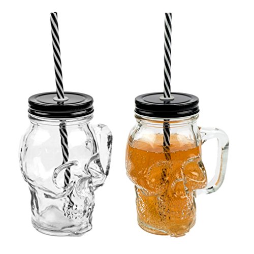 3D Totenkopf Glas Trinkglas mit Deckel und stabilem Strohhalm 450ml 2er-Set von Sinoba