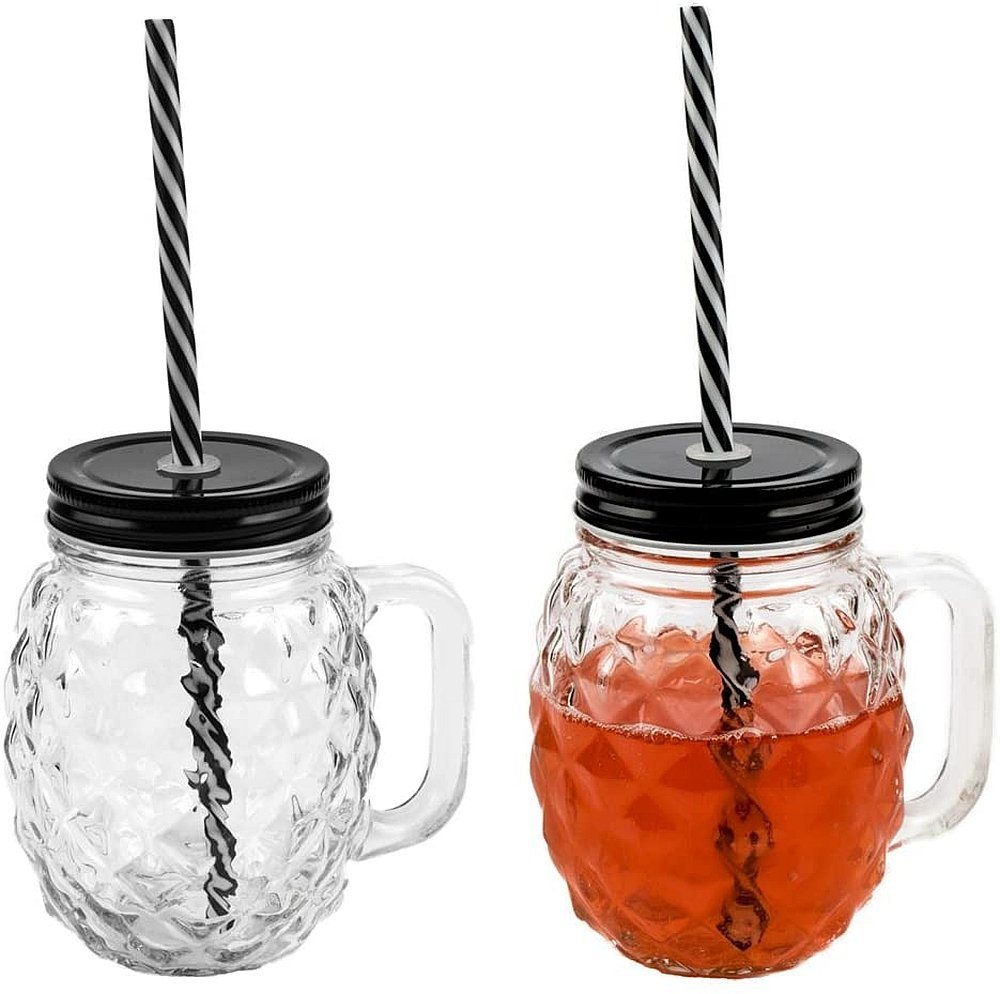 Sinoba Gläser-Set 3D Ananas Glas Trinkglas Set Trinkgläser mit Deckel und stabilem Strohhalm für Garten Party Sommer Grill Deko 450ml von Sinoba