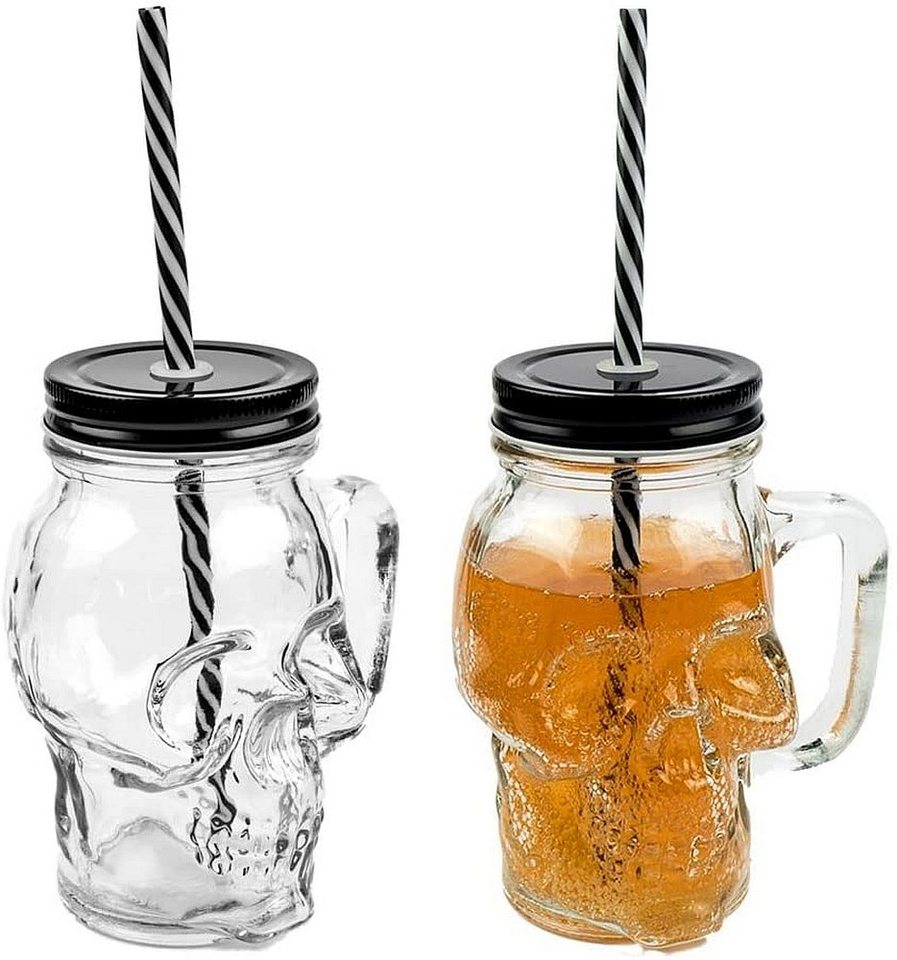 Sinoba Gläser-Set 3D Totenkopf Glas Trinkglas Set Trinkgläser mit Deckel und stabilem Strohhalm für Garten Party Halloween Sommer Grill Deko 450ml von Sinoba