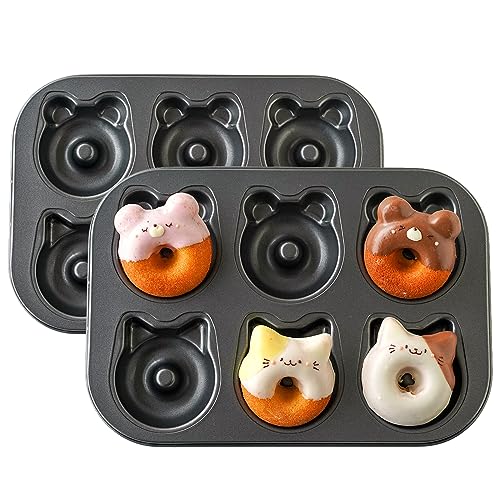 Sinsanye 2 PCS Donut Backform, 12 Hohlräume Katze und Bärenform Donutform Kohlenstoffstahl-Donut-Form, Antihaft Donut Backblech für Kuchen, Keks, Bagels, Muffins(Schwarz) von Sinsanye