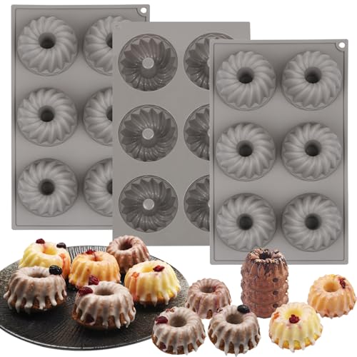 Sinsanye 3 Stück Mini Gugelhupfform Silikon, 6 Mulden Gugelhupfform KleinLebensmittelqualität Wiederverwendbare, Mini Backform Gugelhupf für Kuchen Dessert Schokolade Pudding Gelee - Grau von Sinsanye