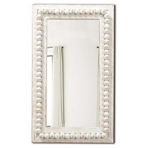 Boho-Spiegel für Wanddekoration mit Perlenrand, 61 cm, hängendes Bauernhaus, weiße Badezimmerspiegel für Schminktisch, großer rustikaler Holzrahmen, dekorativ für Wohnzimmer, Schlafzimmer von Sintosin